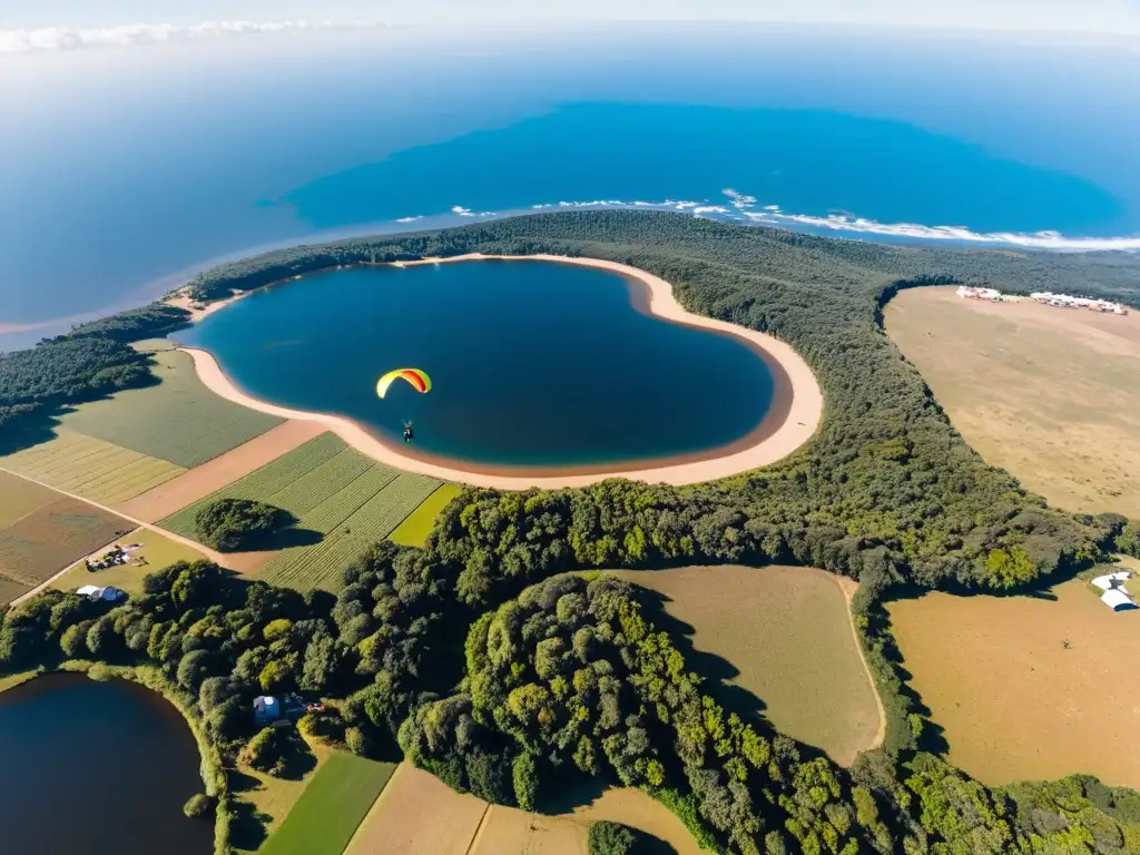 Paracaidista en pleno salto, disfrutando la adrenalina y la impresionante vista panorámica del atardecer uruguayo