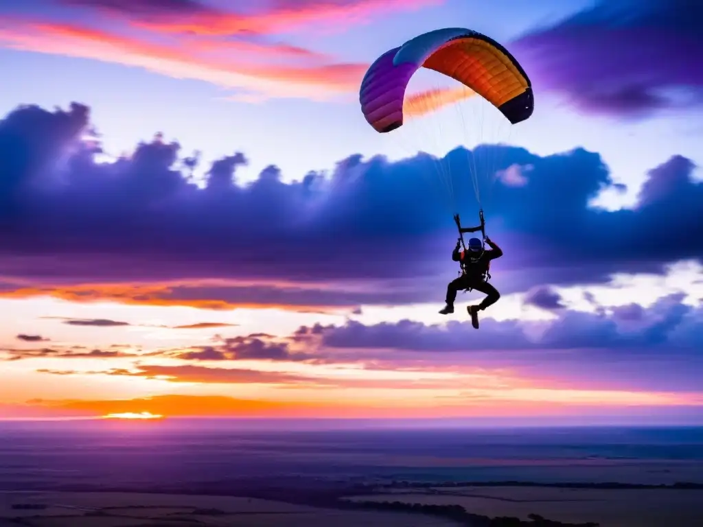 Paracaidista en pleno salto contra el cielo uruguayo en un atardecer lleno de color