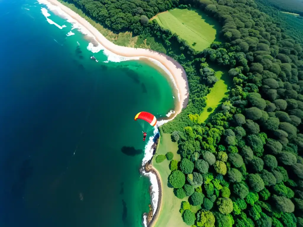 Paracaidista en vibrante traje rojo en plena caída libre, contemplando la deslumbrante belleza de Uruguay