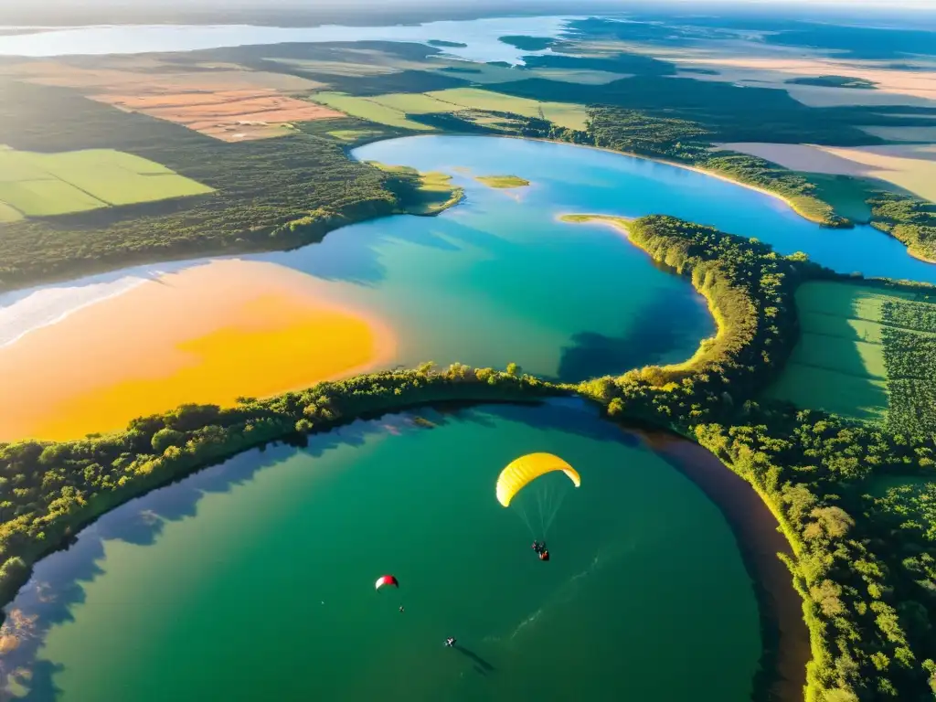 Paracaidistas descendiendo al atardecer sobre el variado paisaje uruguayo, destacando como los mejores lugares para paracaidismo en Uruguay