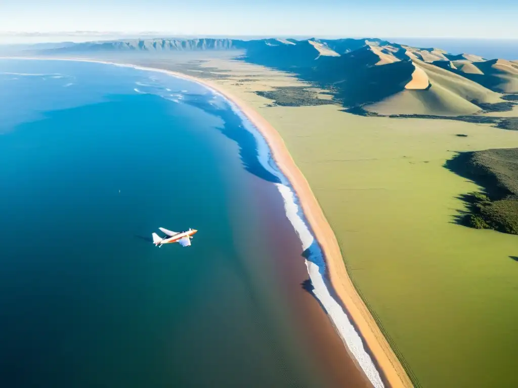 Paracaidistas desafiando el cielo dorado, a punto de saltar de un avión sobre el vibrante paisaje uruguayo