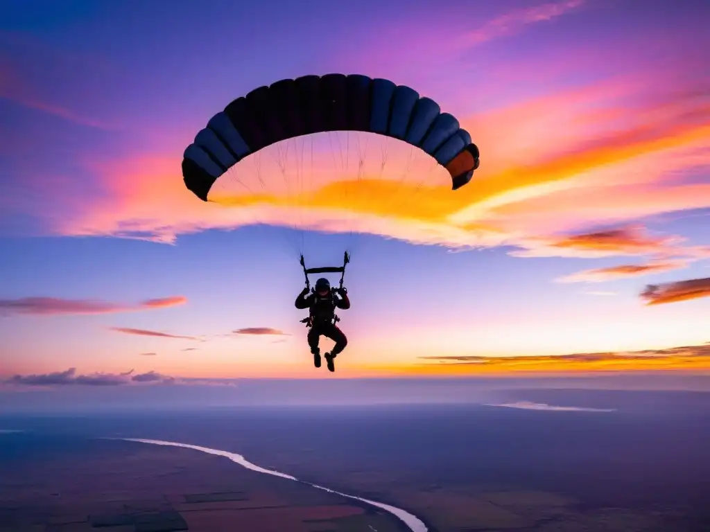 Paracaidistas en pleno salto, disfrutando la adrenalina y libertad del paracaidismo en Uruguay: Guía completa, bajo un cielo en llamas al atardecer