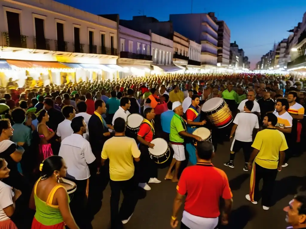 Parade de Candombe AfroUruguayo, legado cultural, vibrante bajo el cielo crepuscular de Montevideo, Uruguay