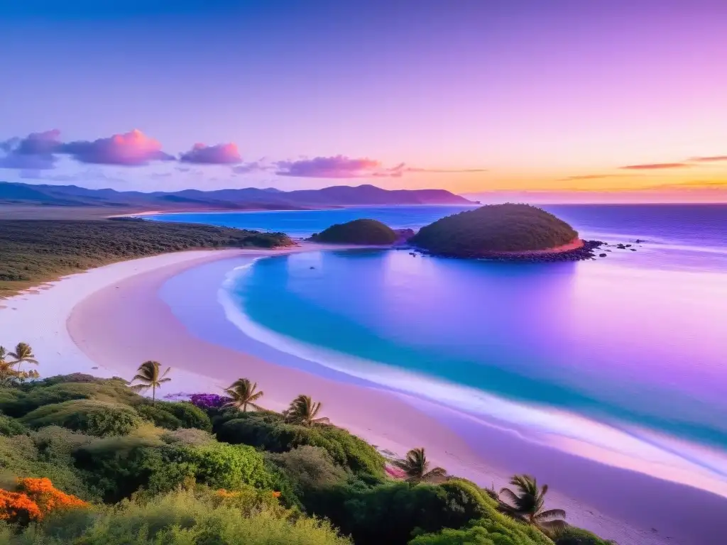 Paraíso escondido Isla Fuerte Uruguay, dondé un atardecer vibrante se refleja en aguas tranquilas, rodeado de una selva tropical y pescadores locales