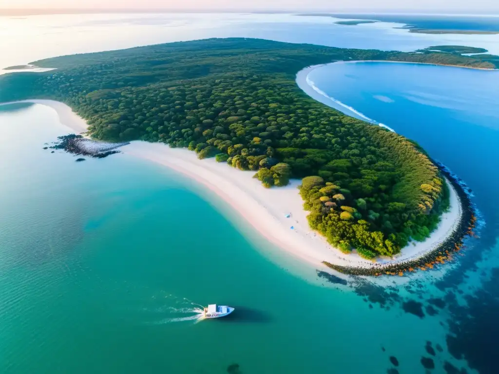 Paraíso escondido Isla Fuerte Uruguay: una isla verde vivaz bañada por un océano azul al atardecer, un sueño hecho realidad