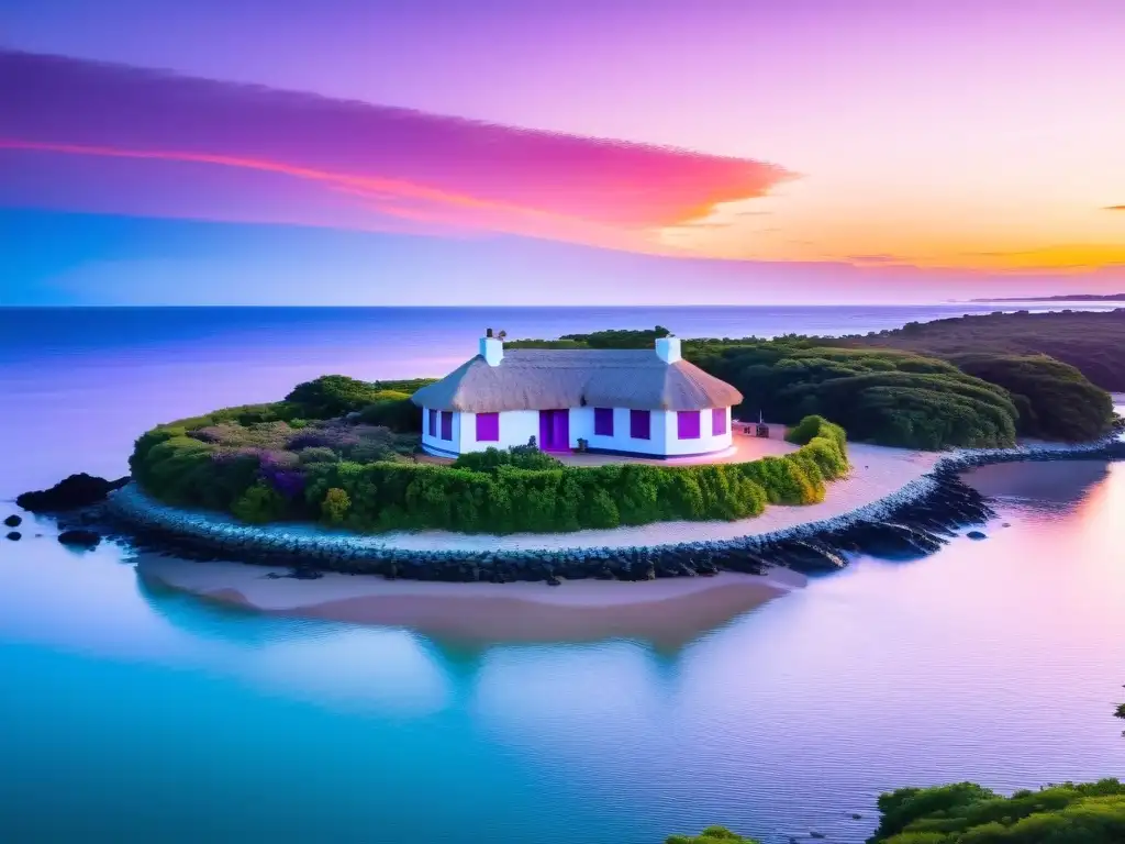 Paraíso escondido Isla Fuerte Uruguay, casa típica entre follaje verde, cielo vibrante en el atardecer y surf