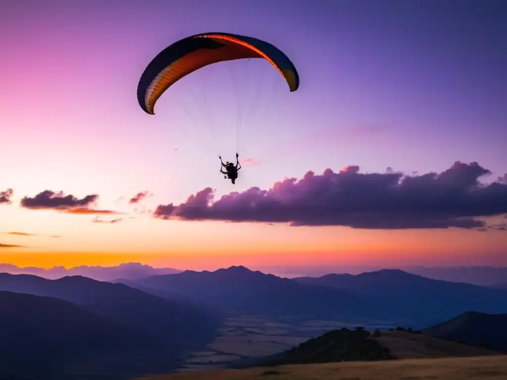 Parapente en las sierras de Uruguay al atardecer, volando libremente bajo un cielo vibrante de colores, un retrato de aventura y tranquilidad