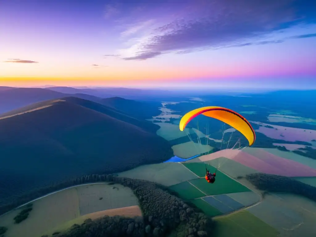 Parapente en las sierras de Uruguay, volando al atardecer entre colores vibrantes sobre un majestuoso paisaje de bosques y ríos