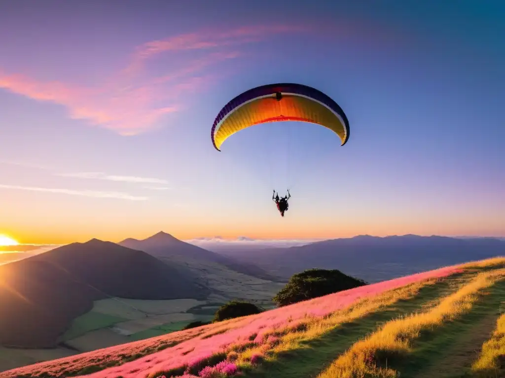 Parapente en las sierras de Uruguay al atardecer, volando sobre verdes montañas bajo un cielo lleno de color