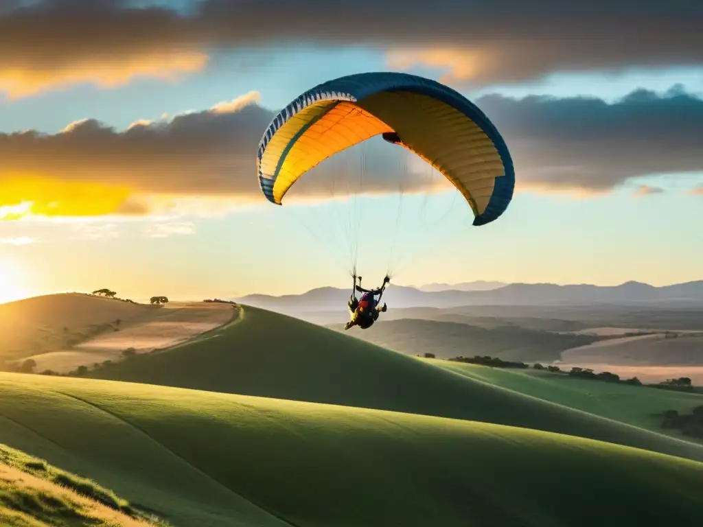 Parapente en las sierras de Uruguay, sobrevolando colinas verdes bajo un cielo teñido de dorado por el atardecer