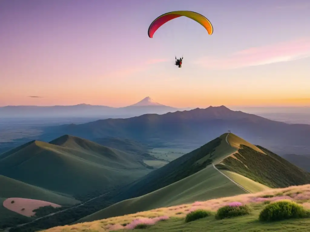 Parapente en las sierras de Uruguay, mezclando deporte y educación bajo un cielo pastel, en un panorama de belleza natural sin igual