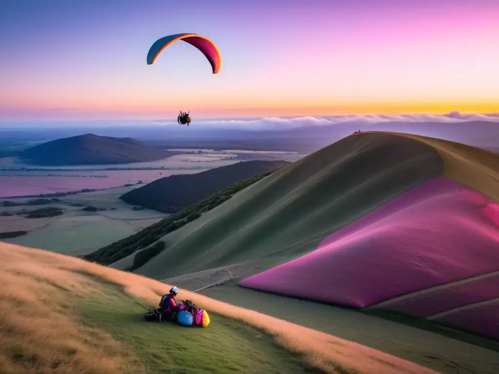 Parapente en las sierras de Uruguay, al amanecer dorado, desplegando su ala multicolor en el pasto fresco, con un cielo en tonos rosas y naranjas