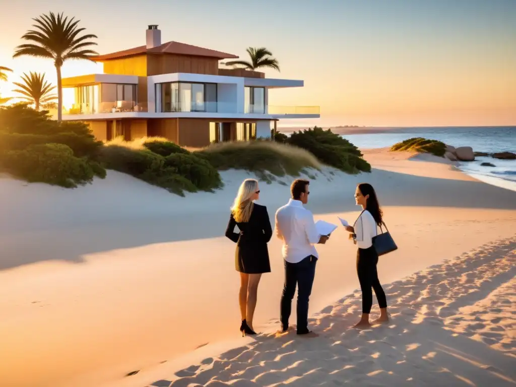 Una pareja reservando alojamiento en Uruguay, en una tranquila playa dorada de Punta del Este, bajo palmeras y casas elegantes