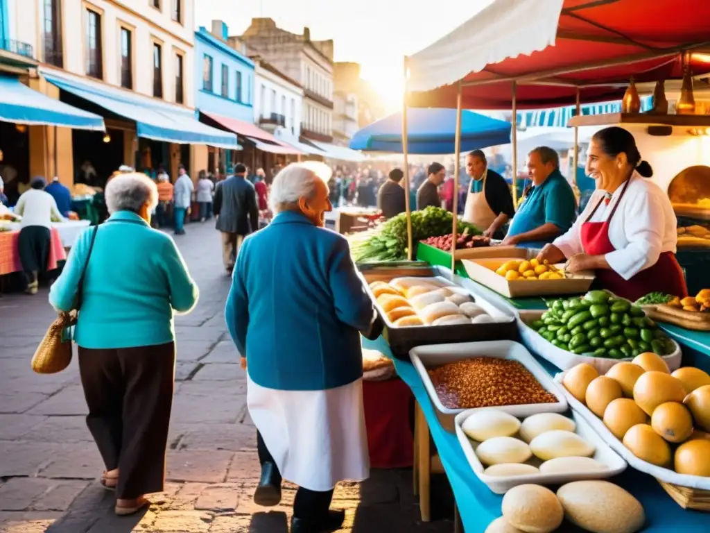 Pareja de ancianos en mercado uruguayo, preparando platos tradicionales con influencia de inmigrantes en la gastronomía uruguaya