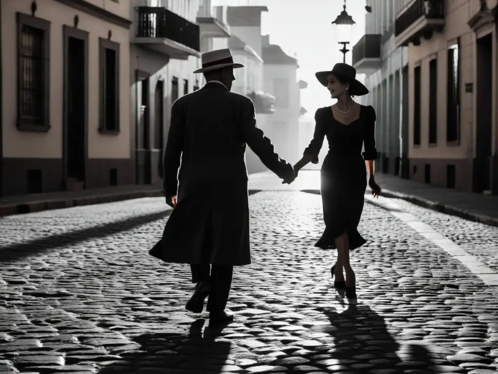 Pareja de ancianos bailando el tradicional tango uruguayo en una calle adoquinada de Montevideo al anochecer, evocando nostalgia