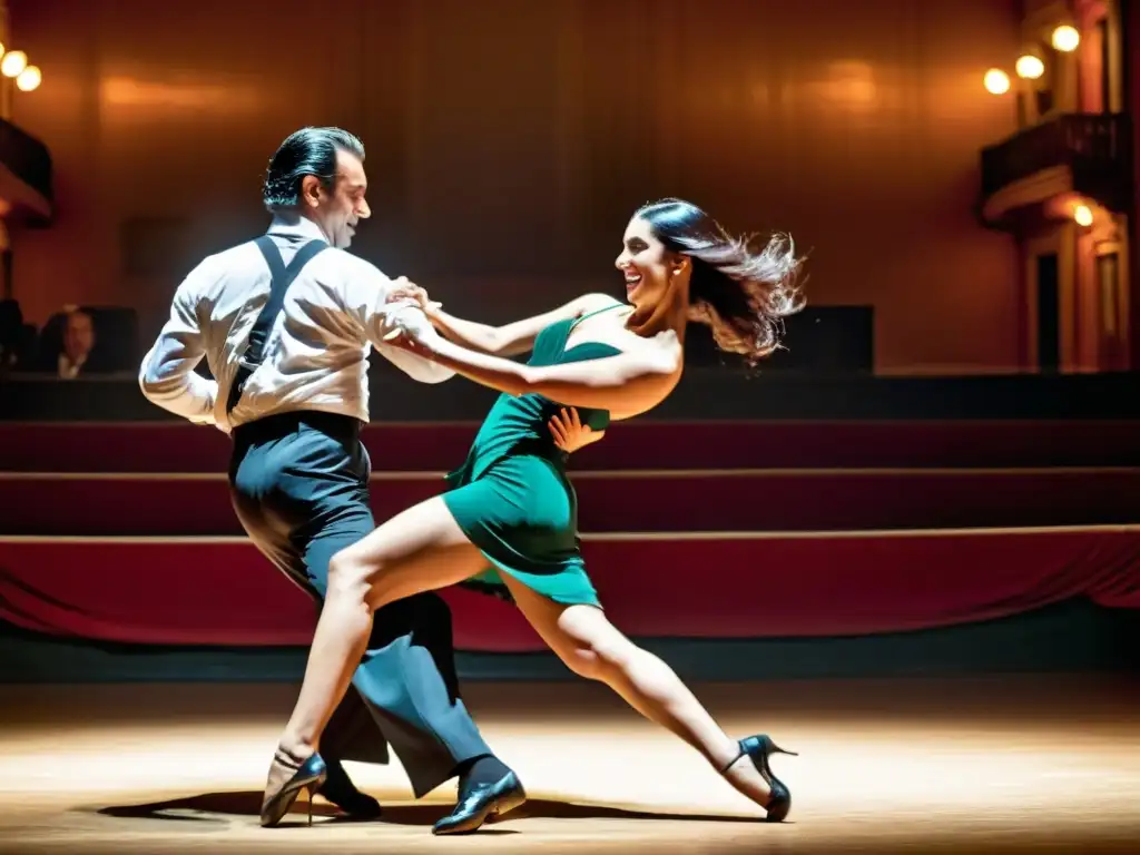 Pareja apasionada bailando en Montevideo Tango Festival, reflejo de la intensa cultura uruguaya, bajo la luz suave de un teatro histórico