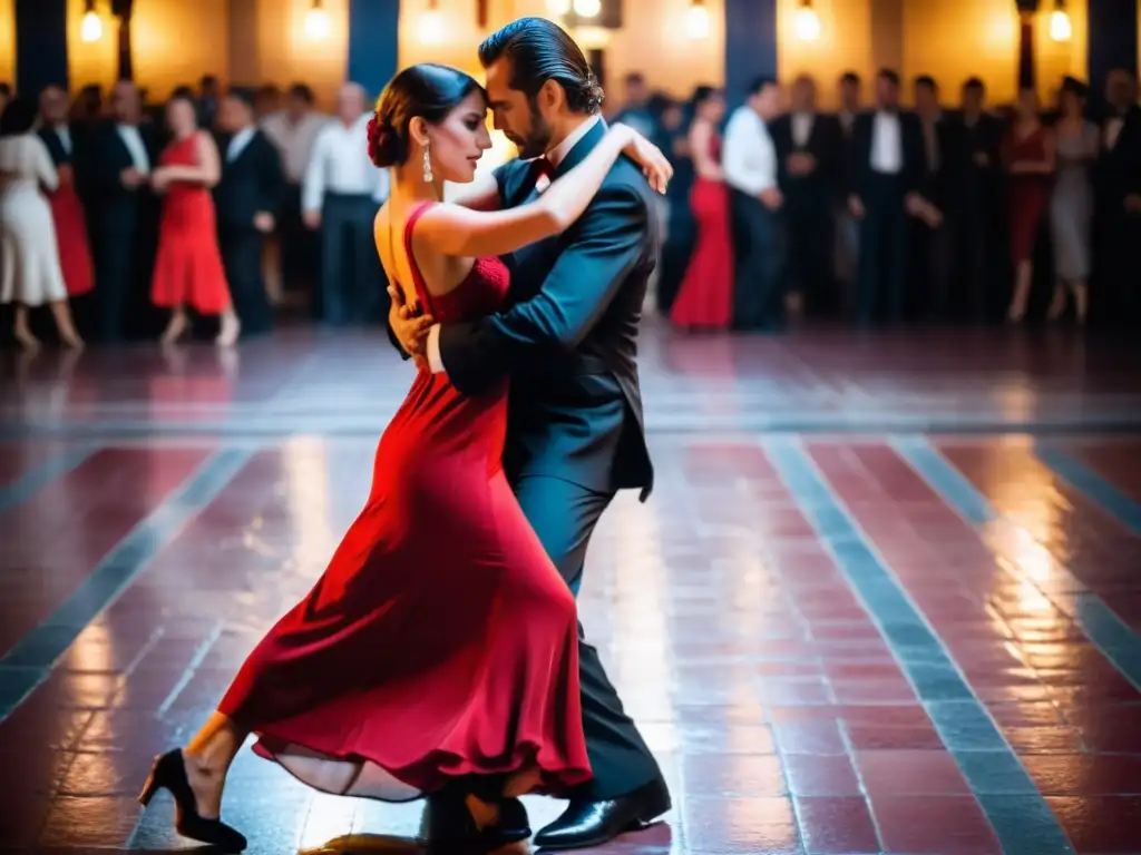 Pareja apasionada bailando en el Festival de Tango Montevideo Uruguay, rodeados de espectadores entusiastas bajo el cálido resplandor del atardecer