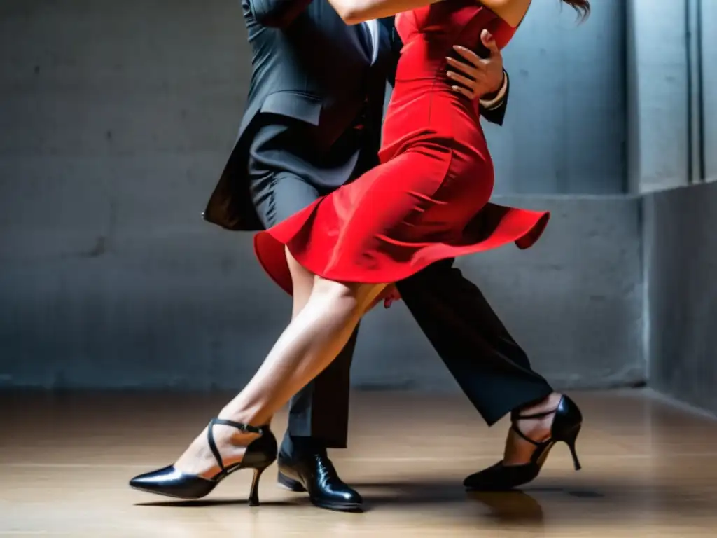 Pareja apasionada bailando en el Montevideo Tango Festival, reflejando la vibrante cultura uruguaya, bajo una mágica luz de candelabros antiguos