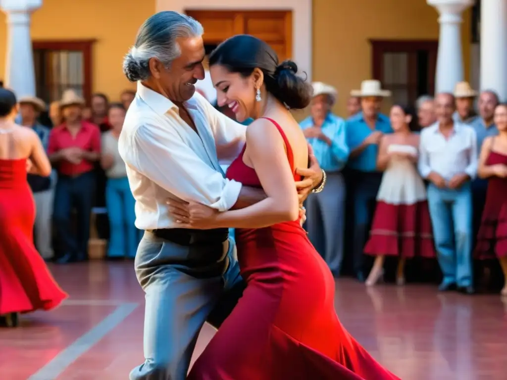 Pareja apasionada bailando en una milonga en Uruguay, tradición cultural viva, bajo la cálida luz y ojos entusiastas