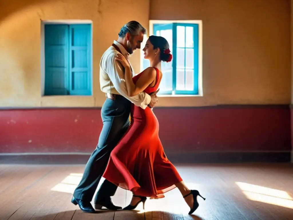 Pareja apasionada bailando tango en un encantador salón uruguayo antiguo, iluminado por una luz dorada