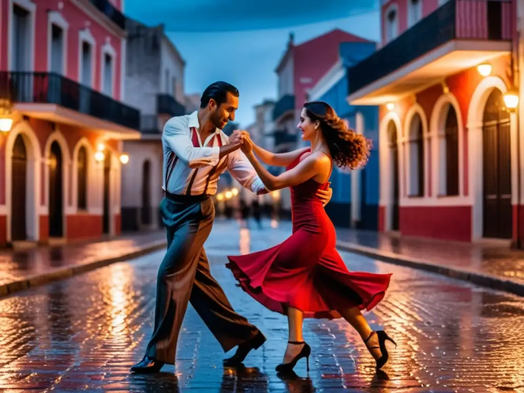 Pareja apasionada bailando Tango en Uruguay, bajo la luz suave de farolas en calles empedradas y húmedas, reflejando la historia y evolución del Tango