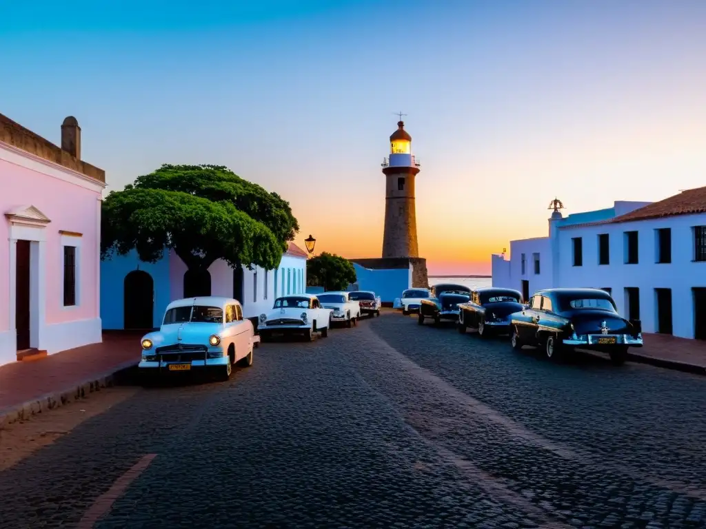 Una pareja camina al atardecer en Colonia del Sacramento, ciudad antigua, entre calles adoquinadas, autos antiguos y el faro al fondo