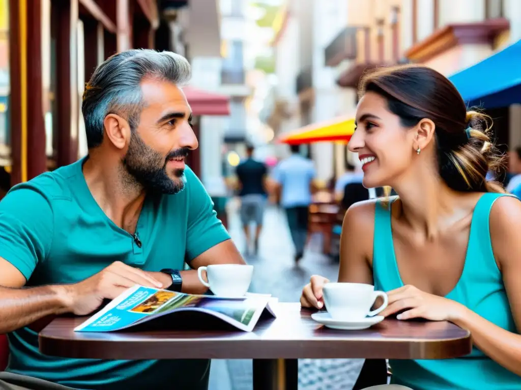 Pareja en un café de Montevideo planificando su viaje con un folleto colorido de Uruguay y un seguro de viaje para Uruguay, sumergidos en la vida vibrante de la ciudad