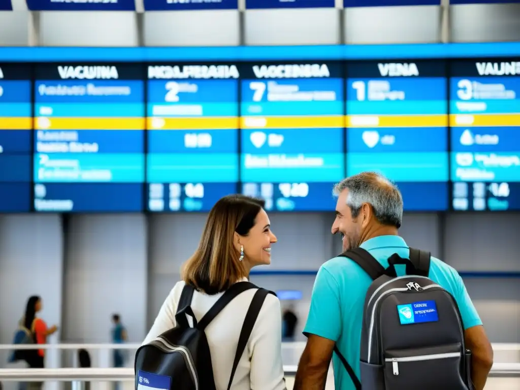 Pareja preparada revisa 'Vacunas necesarias para visitar Uruguay' antes de su vuelo a Montevideo, simbolizando viaje seguro