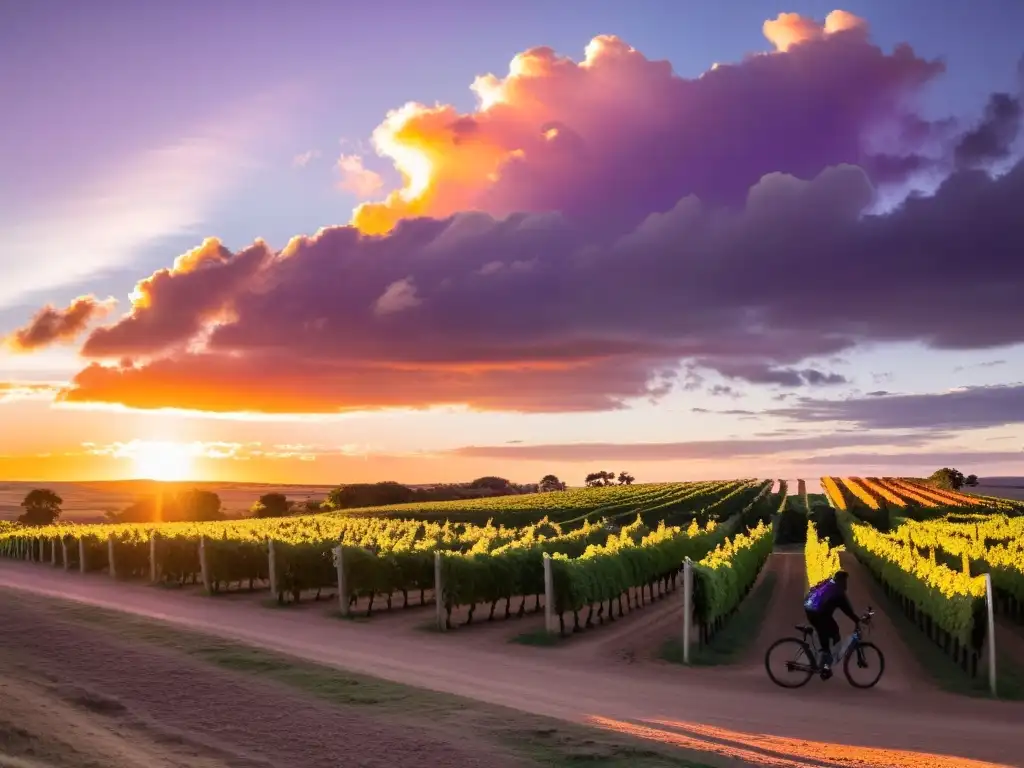 Una pareja disfrutando del recorrido en bicicleta viñedos Uruguay, bajo un atardecer naranja y púrpura, creando siluetas mágicas