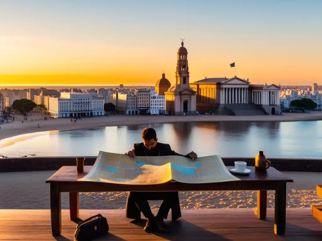 Pareja traza su ruta en Montevideo, con mate y guía 'Uruguay on a Budget', buscando consejos para ahorrar en alojamiento en Uruguay