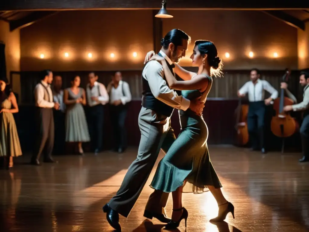 Pareja sumergida en el apasionante baile tradicional tango Uruguay, en un salón rústico y nostálgico, al son de un grupo musical con bandoneón y violín, vestidos con elegancia de principios del siglo XX