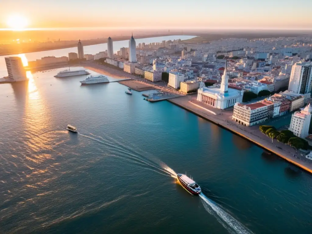 Pareja planeando su viaje para disfrutar Uruguay con presupuesto ajustado, en un cálido atardecer con vistas aéreas de Montevideo