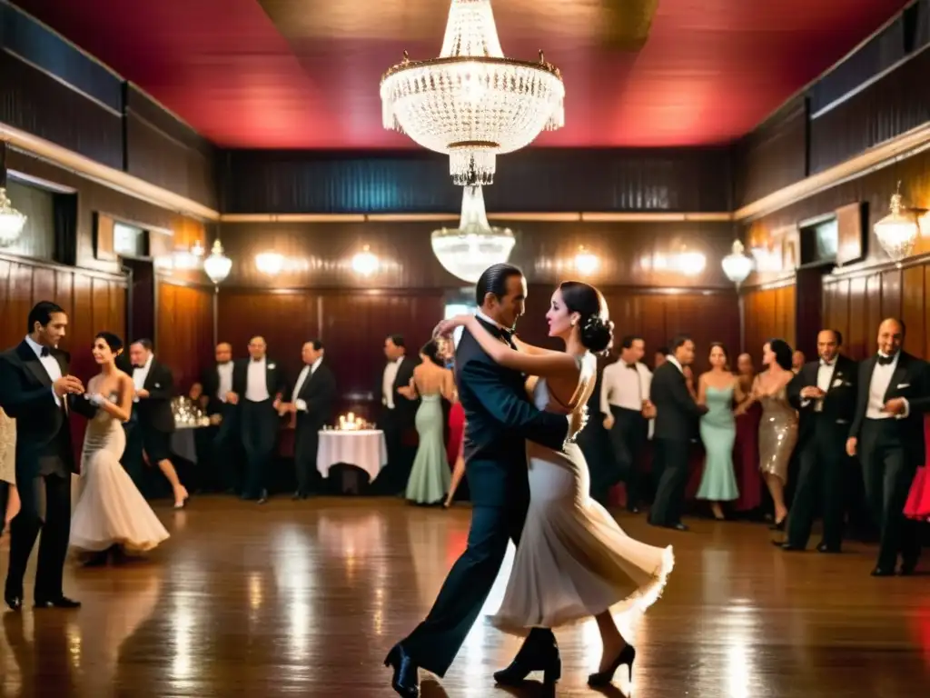 Parejas elegantes bailando tango en una nostálgica sala de baile uruguaya, iluminada por un antiguo candelabro, en la Noche de la Nostalgia Uruguay