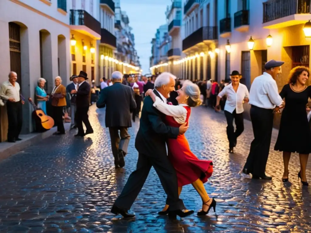 Parejas bailando tango en la Noche de la Nostalgia Uruguay, bajo el brillo cálido de farolas vintage en Montevideo