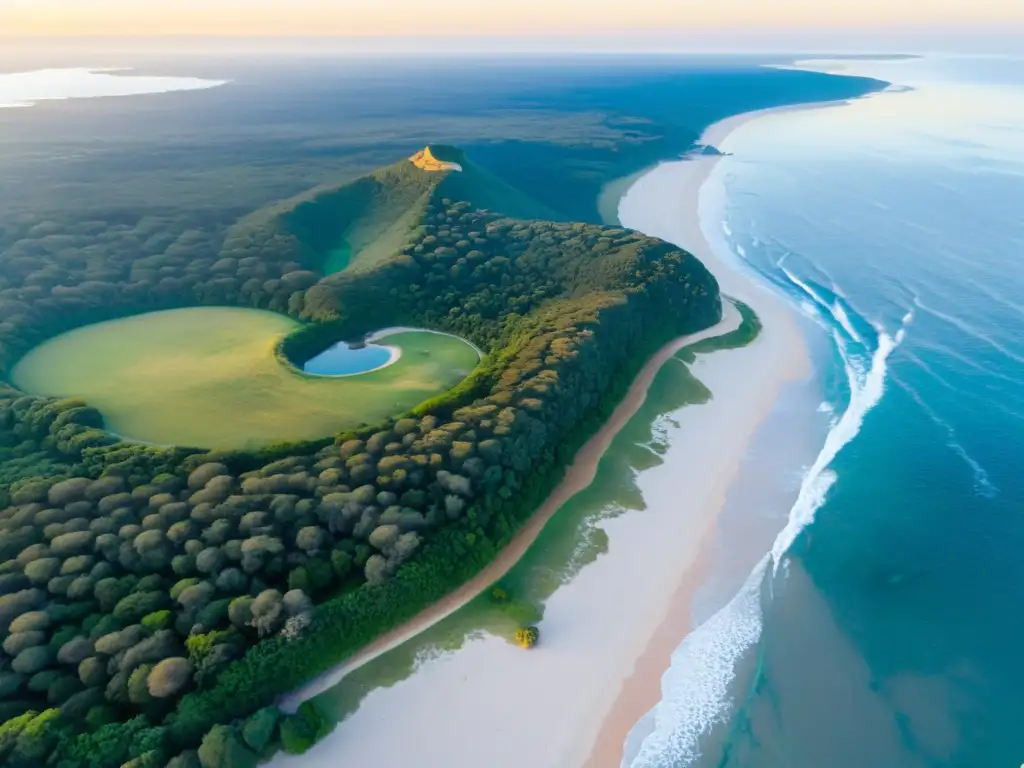 Parque Nacional Santa Teresa Uruguay al amanecer, con su biodiversidad, senderos, playa dorada y Forte de Santa Teresa bajo un cielo vibrante