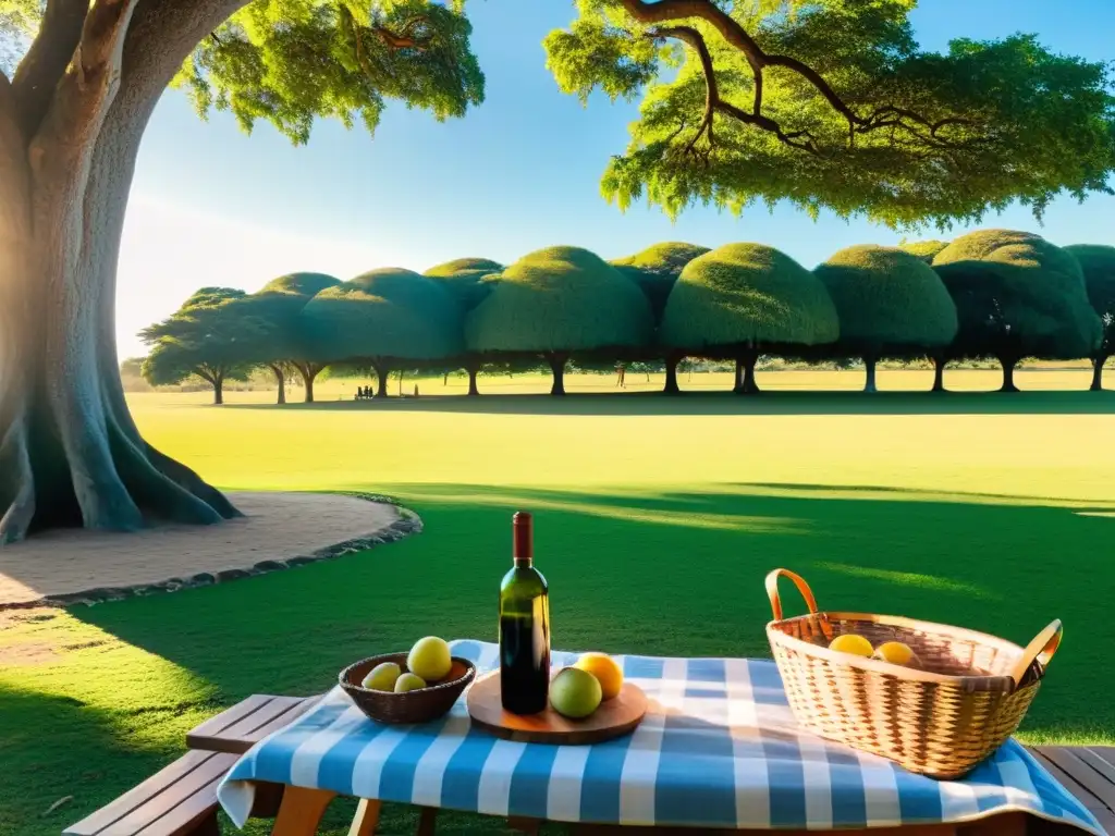 Parques tranquilos para picnics en Uruguay: familia disfrutando de un atardecer dorado, mesa de picnic llena de delicias locales y un lago sereno