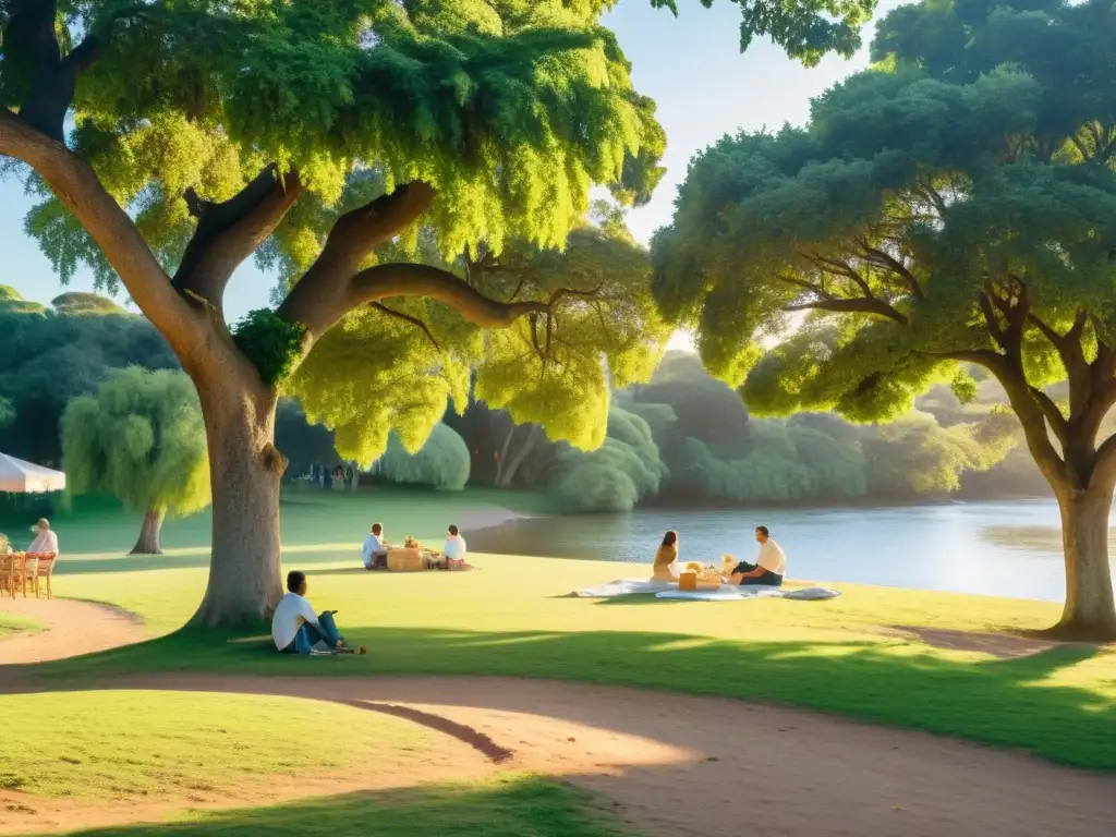 Parques tranquilos para picnics en Uruguay, donde familias disfrutan al atardecer entre árboles frondosos y un río sereno