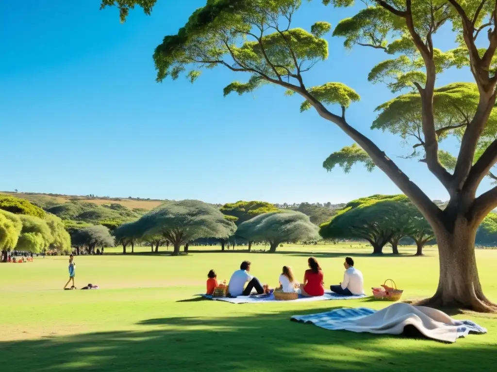 Parques tranquilos para picnics en Uruguay: Familias disfrutando del sol y la naturaleza en un día perfecto de picnic