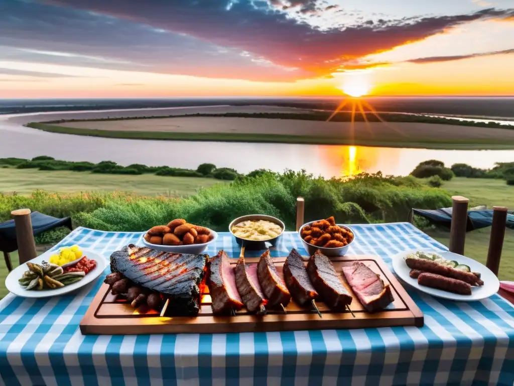 Parrillada uruguaya tradicional al atardecer, con carnes suculentas en la parrilla y risas entre amigos, bajo la magia del Río de la Plata