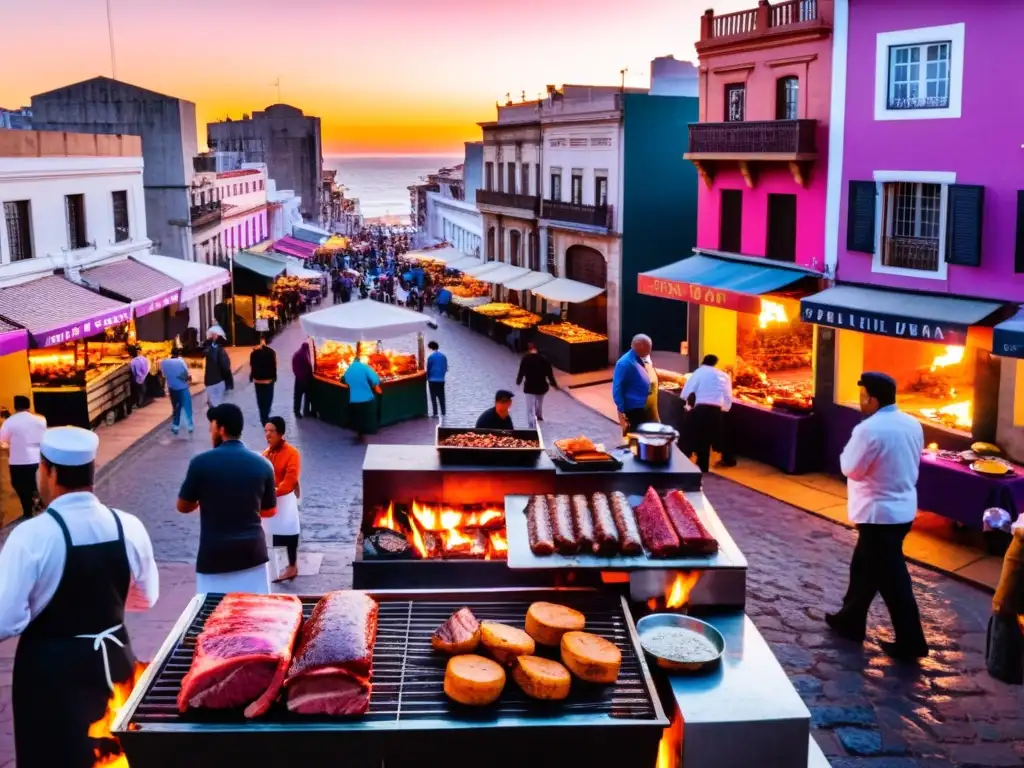 Parrillada uruguaya tradicional en una calle bulliciosa de Montevideo al atardecer, creando un ambiente de alegría comunitaria