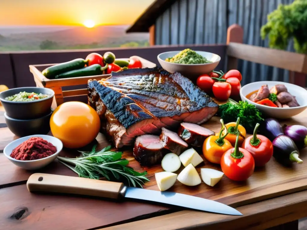 Parrilladas tradicionales en Uruguay, bajo el sol dorado, adornan una mesa rústica con carnes frescas y vegetales listos para asar en la parrilla