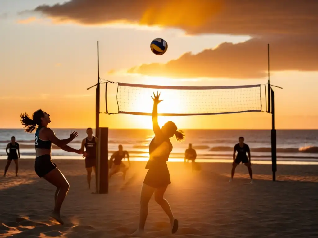 Partido emocionante de vóley playa en Uruguay, jugadores volando hacia el balón bajo un atardecer dramático, experiencia deportiva única