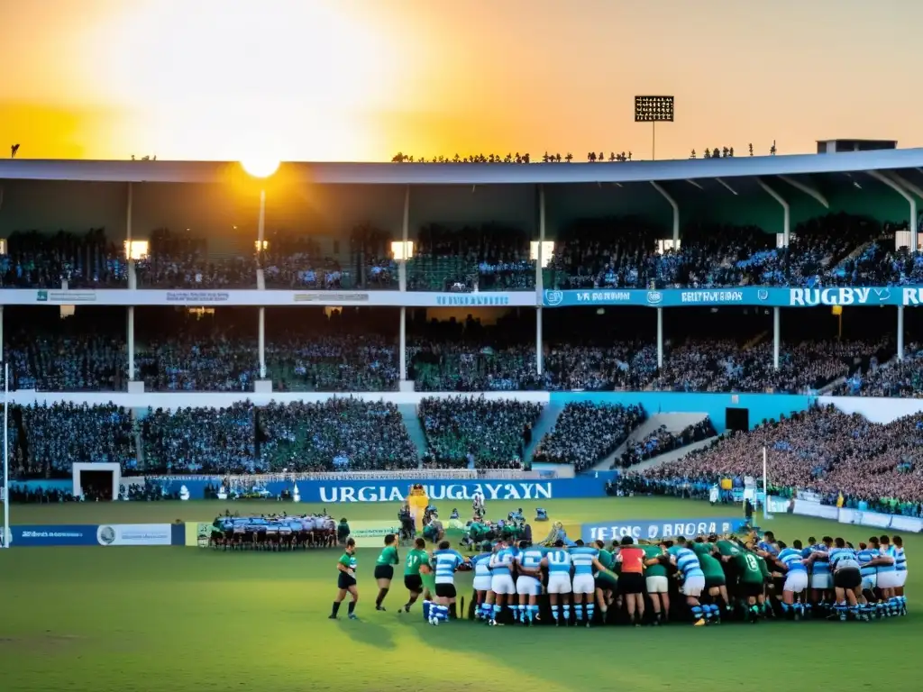 Partido fervoroso de rugby en Uruguay bajo un atardecer dorado, encarnando la tradición del rugby en Uruguay