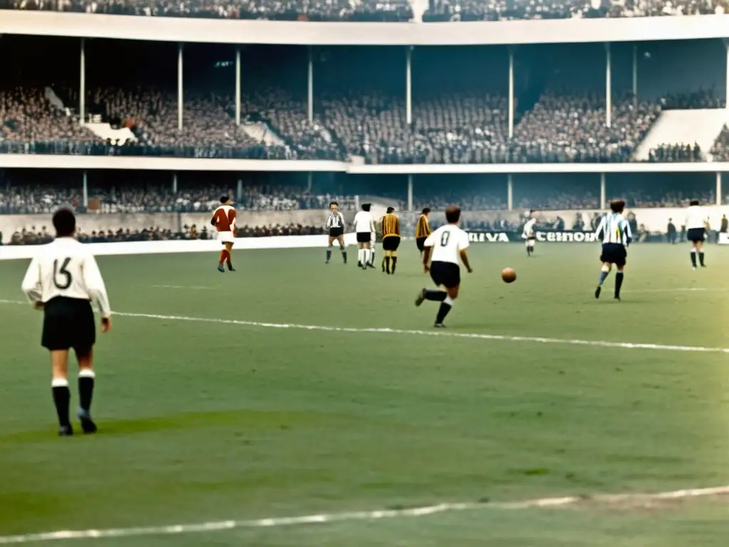 Partido de fútbol lleno de vida en Montevideo, Uruguay, en una foto antigua en sepia, reflejando la influencia de la cultura británica en Uruguay