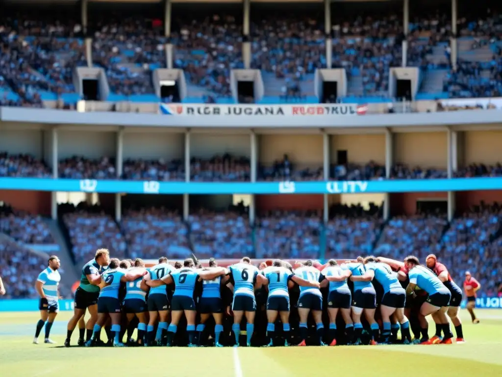 Partido intenso de rugby bajo el sol uruguayo, reflejando la tradición del Rugby en Uruguay, con estadio lleno de fanáticos y vistas a la ciudad