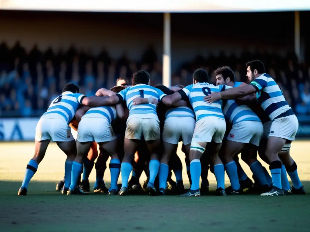 Partido de rugby tradicional en Uruguay bajo el crepúsculo, reflejando la pasión y la intensidad de la tradición del rugby en Uruguay