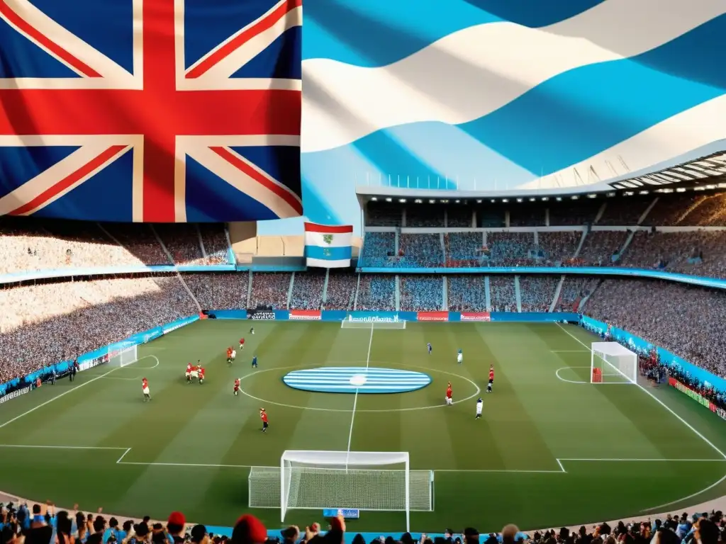 Partido de fútbol vibrante bajo un cielo atardecer en el icónico Estadio Centenario de Montevideo, reflejando la influencia de la cultura británica en Uruguay