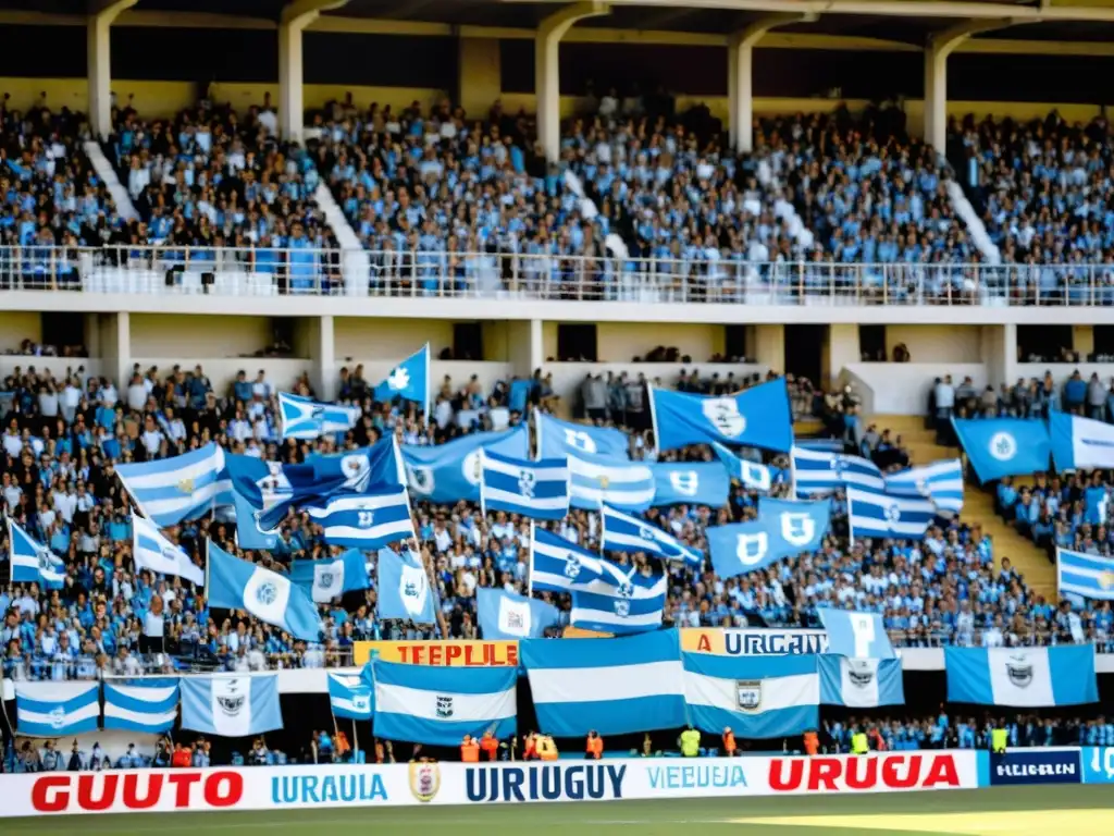 Partido de fútbol vibrante en el Estadio Centenario uruguayo al atardecer, reflejando la apasionada relación entre fútbol y cultura uruguaya