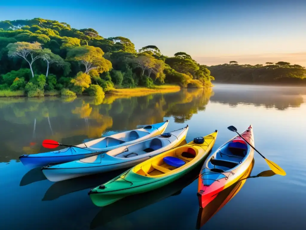 Paseos en kayak por el Río Uruguay al atardecer, creando un ambiente mágico con colores vibrantes y naturaleza exuberante