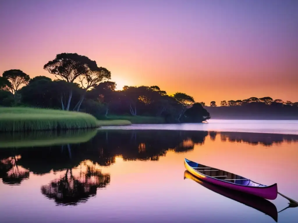 Paseos en kayak por el Río Uruguay al amanecer, reflejando colores vibrantes del cielo y la historia viva de Uruguay